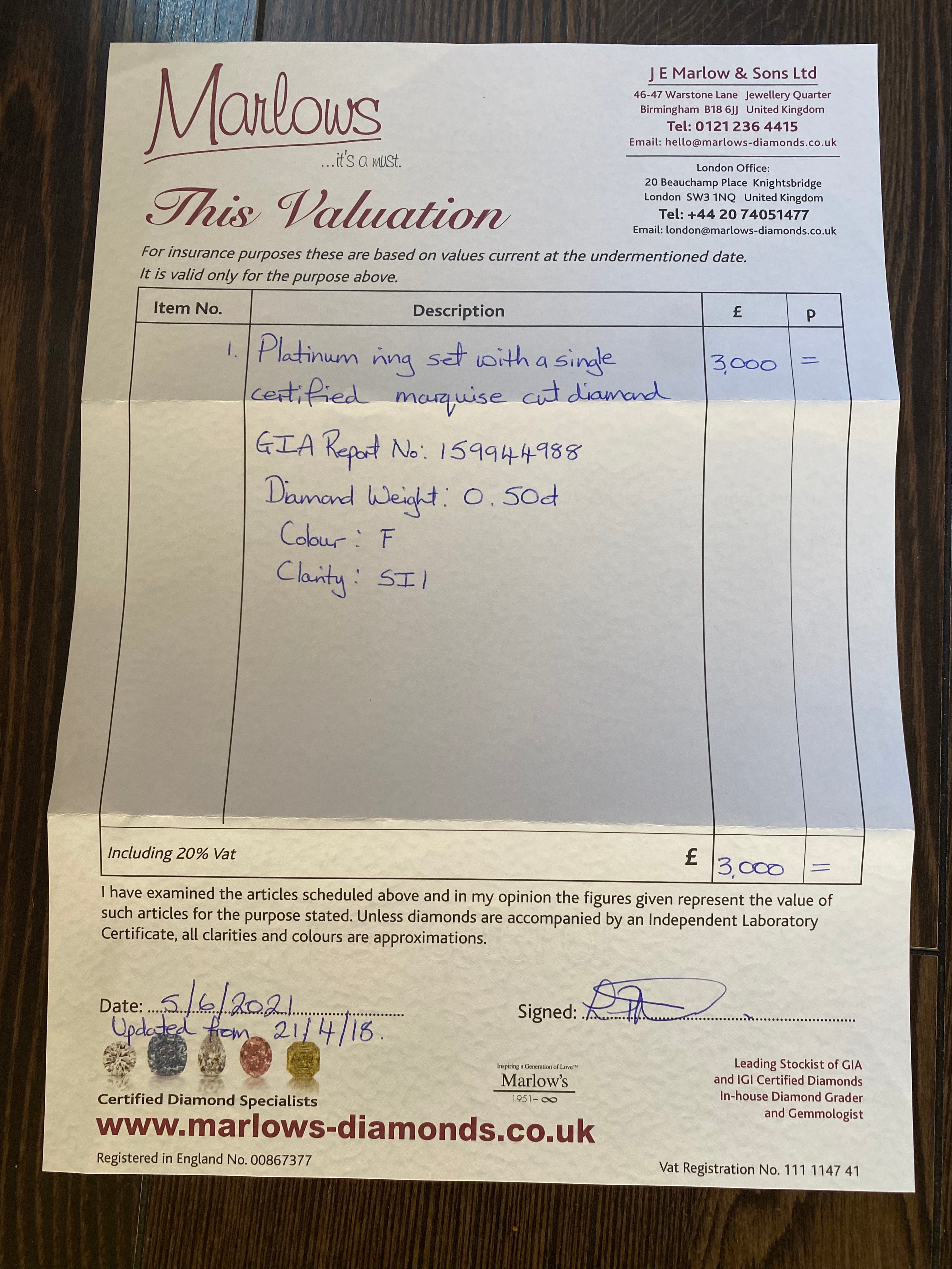 Natural diamond platinum ring Marquise engagement used gia certified