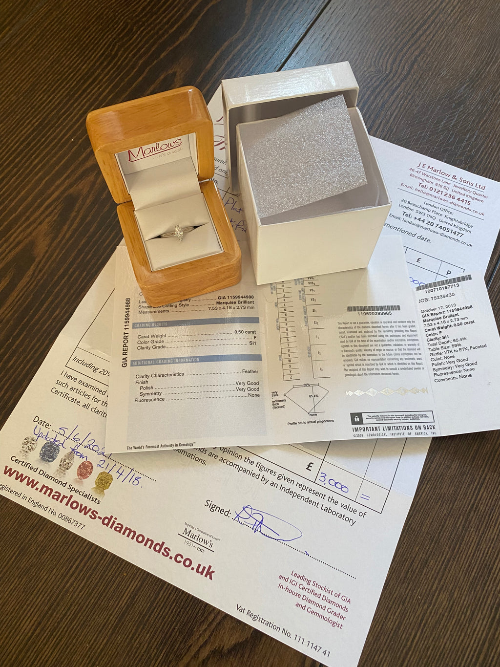 Natural diamond platinum ring Marquise engagement used gia certified