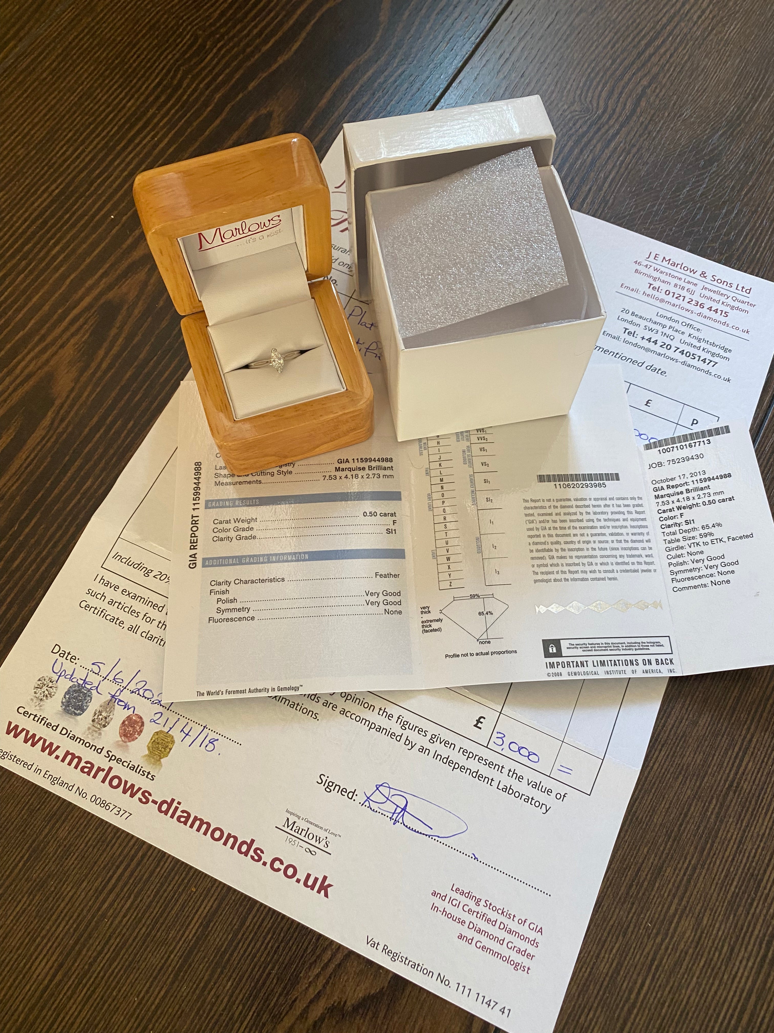 Natural diamond platinum ring Marquise engagement used gia certified